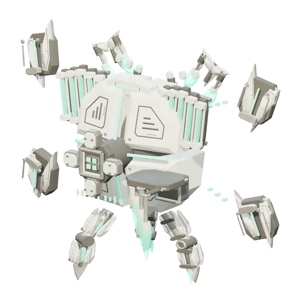 An ivory Hollow with mint-lit mechanical subsystems